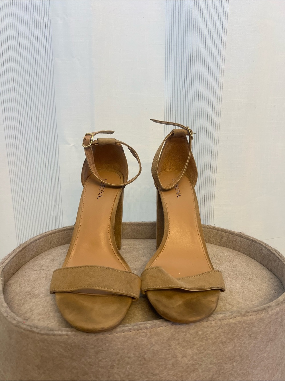 Tan suede block heels with ankle strap!